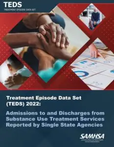 A photo of the cover of the SAMSHA report titled Treatment Episode Date Set (TEDS) 2022: Admissions to and Discharges from Substance Use Treatment Services Reported by Single State Agencies. The cover has a collage of images including people holding hands in a supportive way; a person's hand on a man's shoulder; two men sitting in chairs in a support group; and a woman's hand pointing at a graph on a report page on a table. 